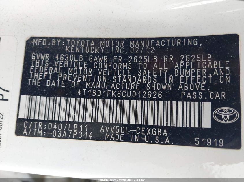 2012 Toyota Camry Hybrid Xle VIN: 4T1BD1FK6CU012626 Lot: 43716625