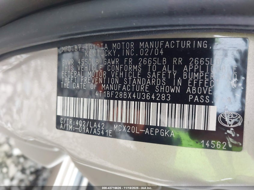 2004 Toyota Avalon Xls VIN: 4T1BF28BX4U364283 Lot: 43716626