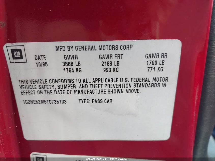 1996 Pontiac Grand Am Se VIN: 1G2NE52M5TC735133 Lot: 43716651