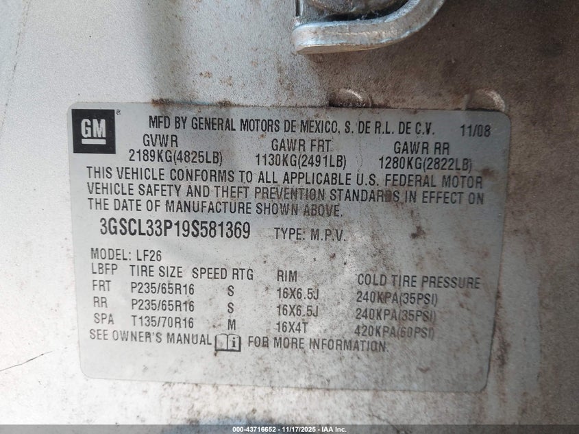 2009 Saturn Vue 4-Cyl Xe VIN: 3GSCL33P19S581369 Lot: 43716652