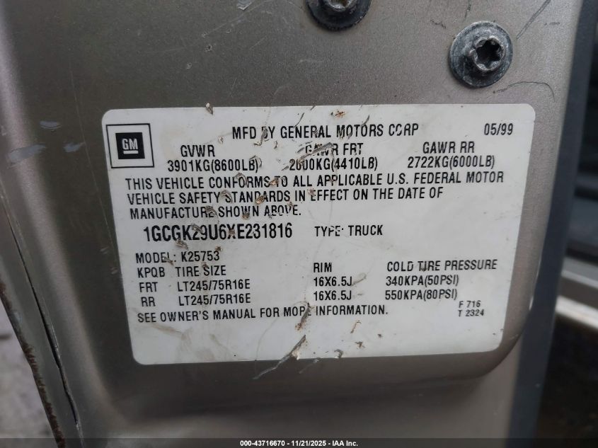 1999 Chevrolet Silverado 2500 Ls VIN: 1GCGK29U6XE231816 Lot: 43716670