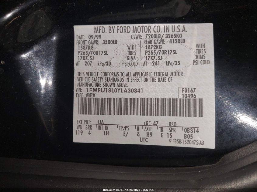 2000 Ford Expedition Eddie Bauer VIN: 1FMPU18L0YLA30841 Lot: 43716676