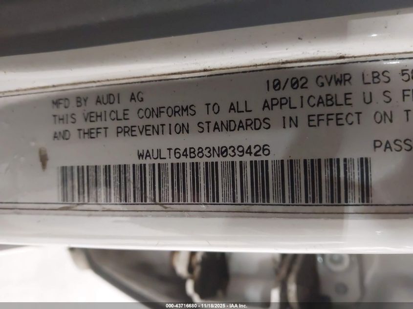 2003 Audi A6 3.0 VIN: WAULT64B83N039426 Lot: 43716680