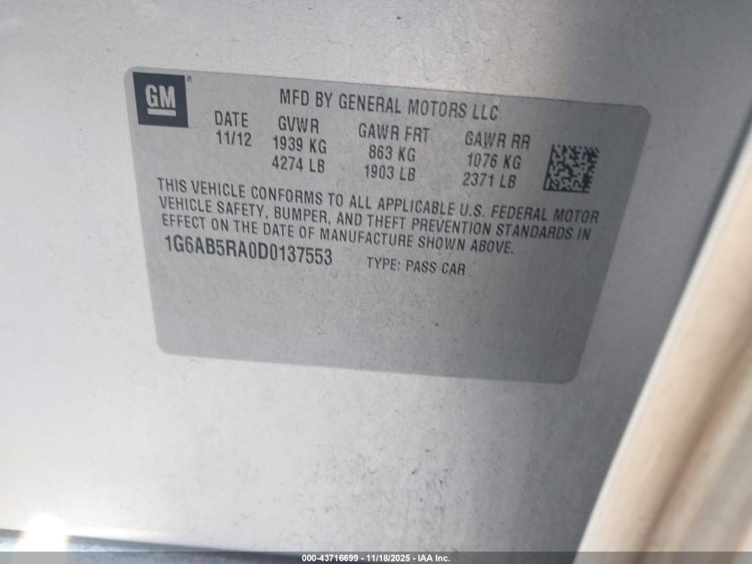 2013 Cadillac Ats Luxury VIN: 1G6AB5RA0D0137553 Lot: 43716699