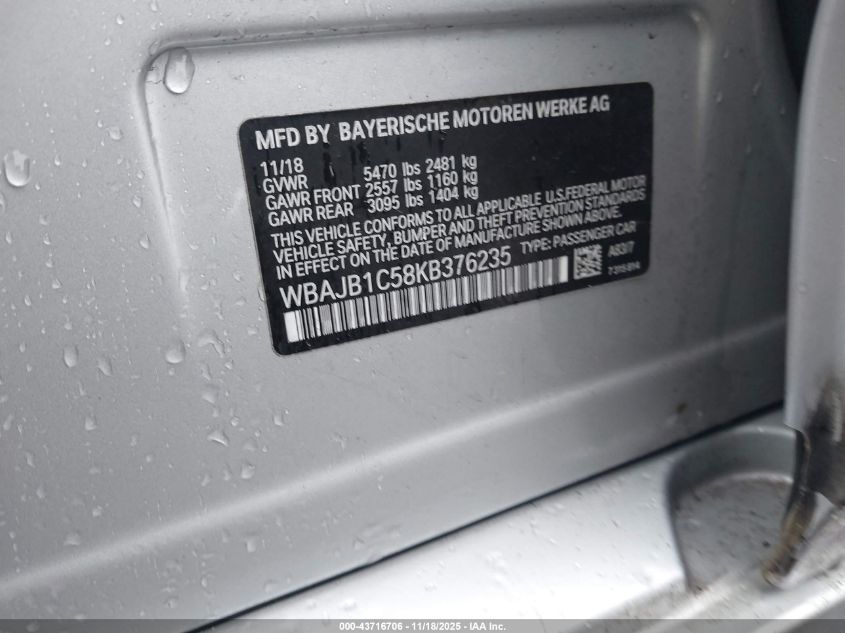 2019 BMW 530E xDrive Iperformance VIN: WBAJB1C58KB376235 Lot: 43716706