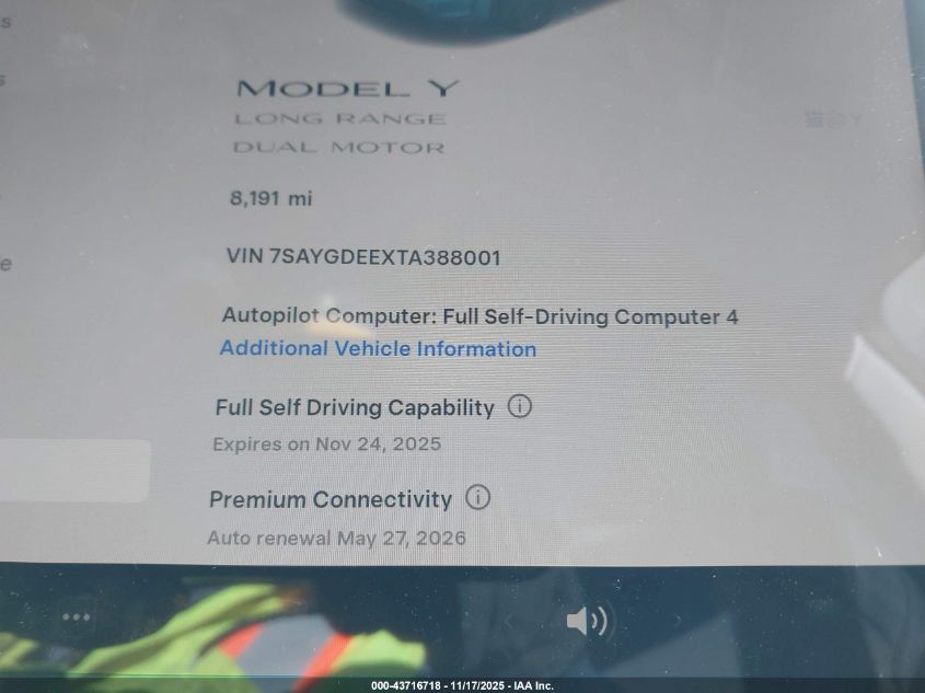2026 Tesla Model Y Long Range Dual Motor All-Wheel Drive/Long Range Launch Series VIN: 7SAYGDEEXTA388001 Lot: 43716718