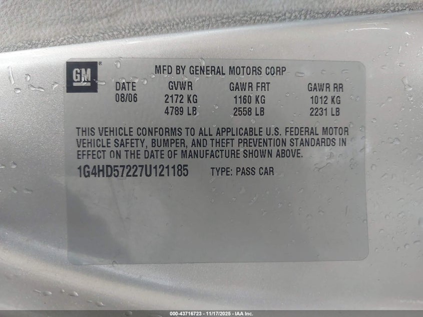 2007 Buick Lucerne Cxl VIN: 1G4HD57227U121185 Lot: 43716723