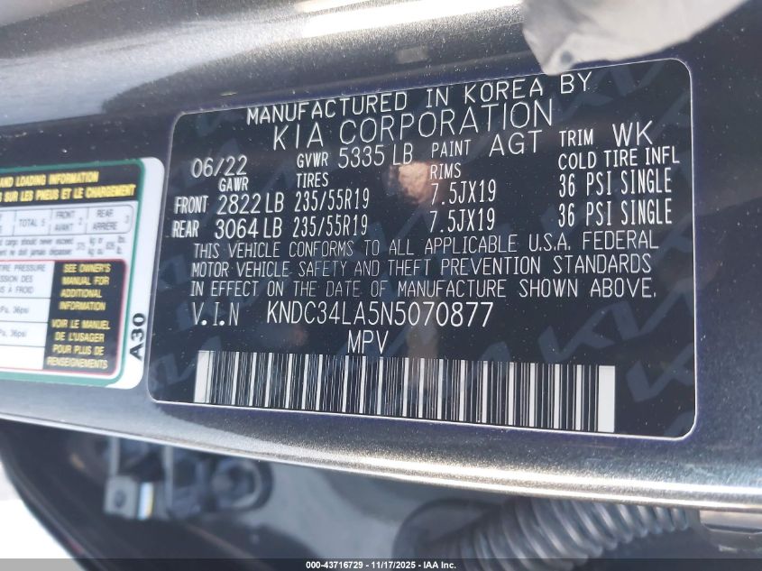 2022 Kia Ev6 Wind VIN: KNDC34LA5N5070877 Lot: 43716729