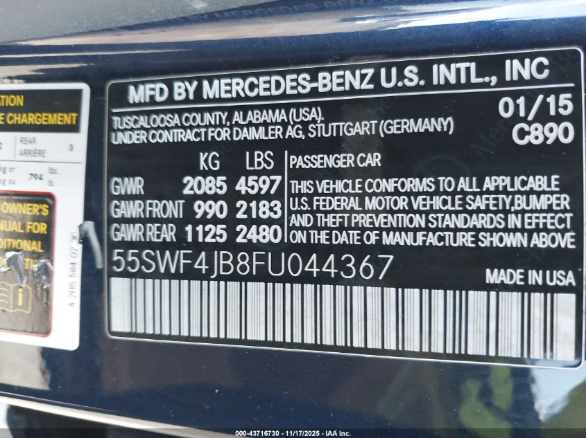 2015 Mercedes-Benz C 300 Luxury VIN: 55SWF4JB8FU044367 Lot: 43716730