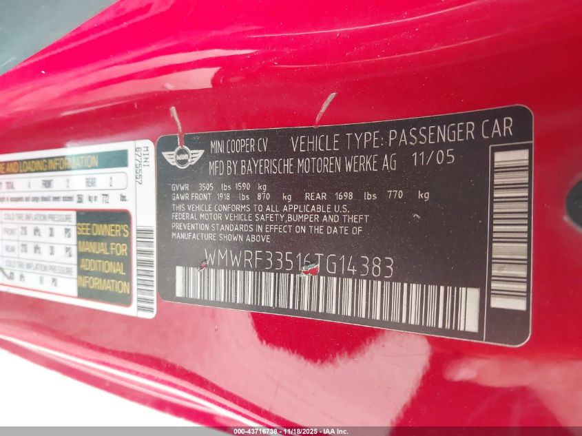 2006 Mini Cooper VIN: WMWRF33516TG14383 Lot: 43716738