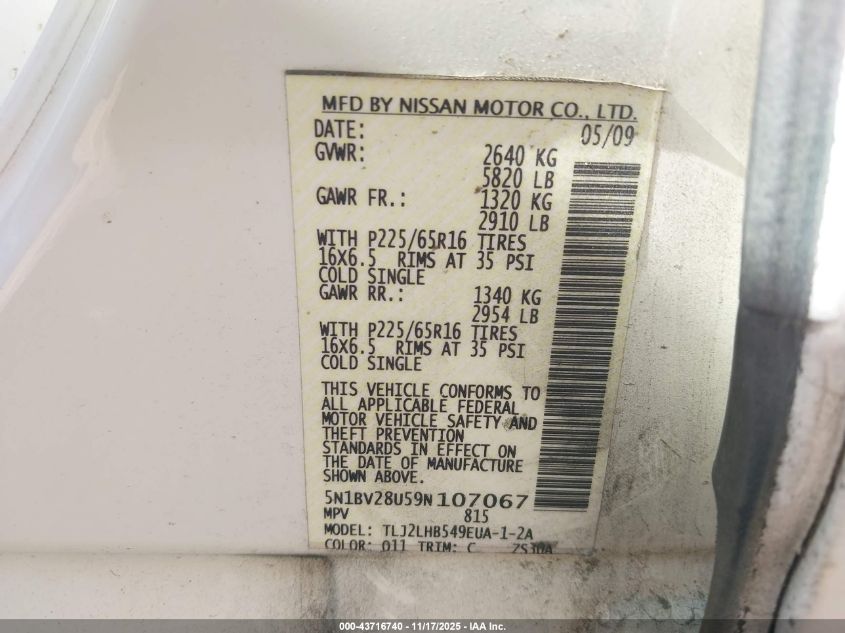 2009 Nissan Quest 3.5 S VIN: 5N1BV28U59N107067 Lot: 43716740