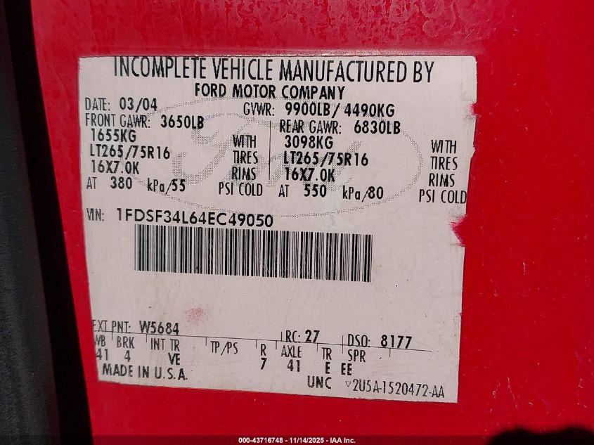 2004 Ford F-350 Xl/Xlt VIN: 1FDSF34L64EC49050 Lot: 43716748