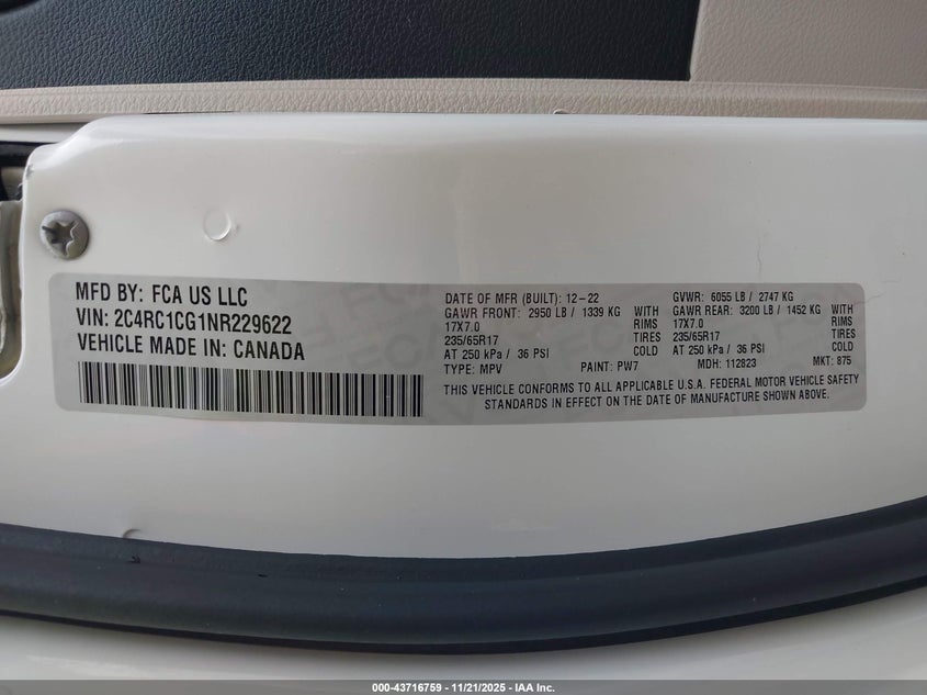 2022 Chrysler Voyager Lx VIN: 2C4RC1CG1NR229622 Lot: 43716759