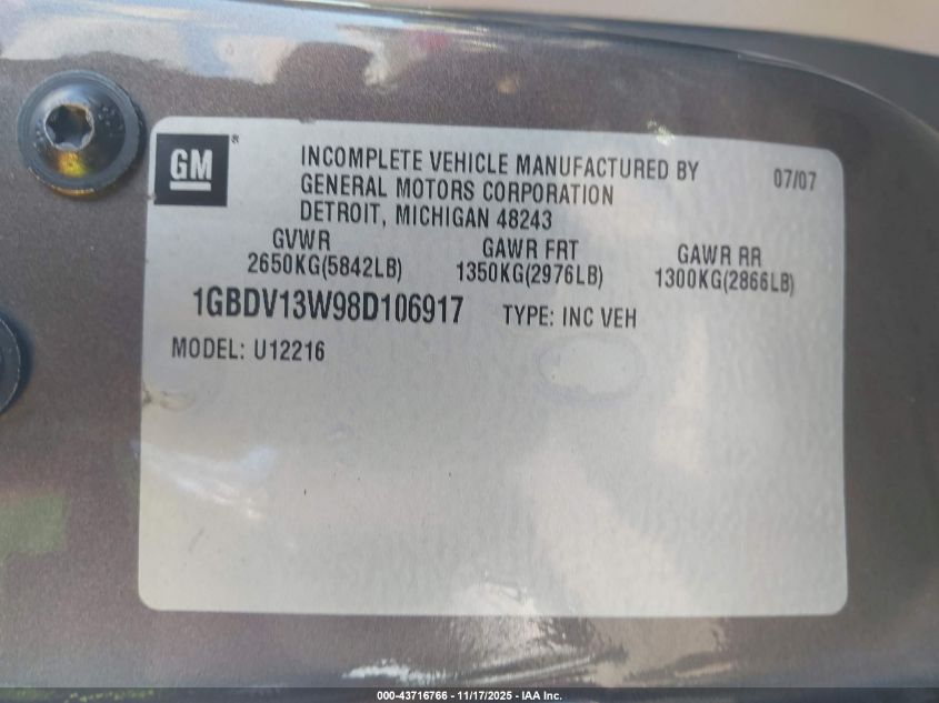 2008 Chevrolet Uplander Ls VIN: 1GBDV13W98D106917 Lot: 43716766