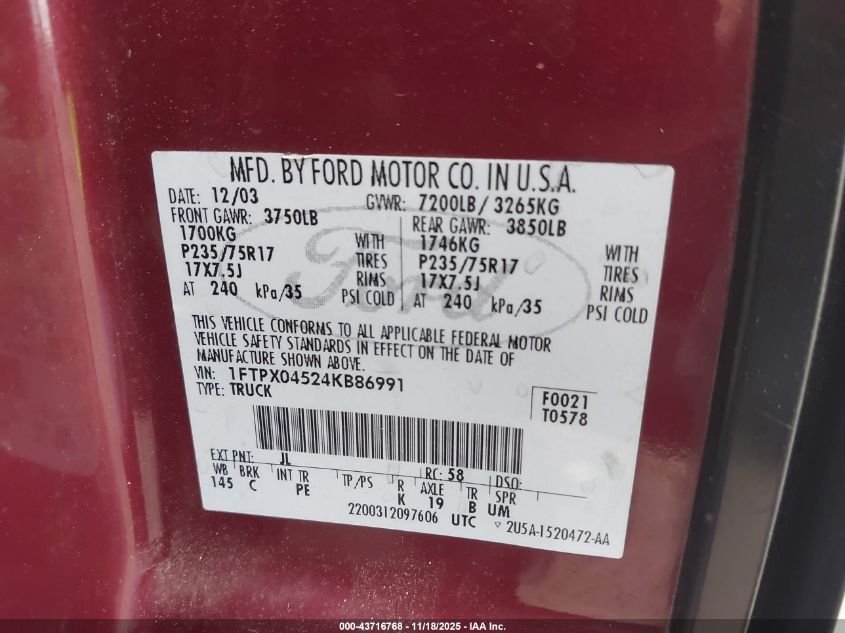 2004 Ford F-150 Fx4/Xlt VIN: 1FTPX04524KB86991 Lot: 43716768