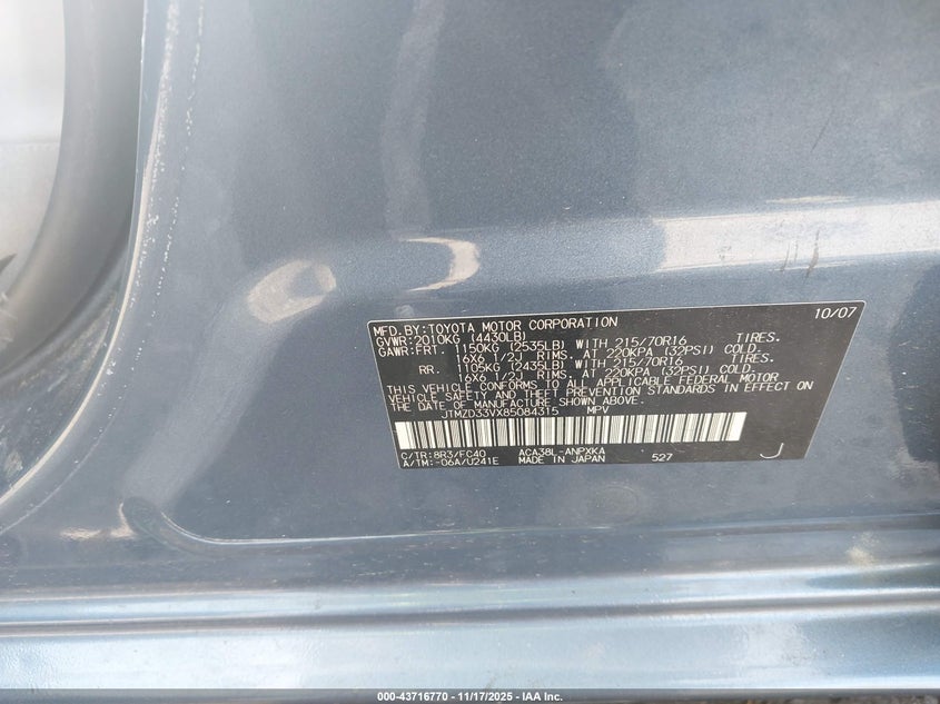 2008 Toyota Rav4 VIN: JTMZD33VX85084315 Lot: 43716770