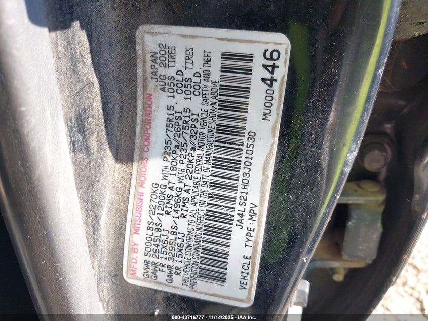 2003 Mitsubishi Montero Sport Es/Ls VIN: JA4LS21H03J010530 Lot: 43716777