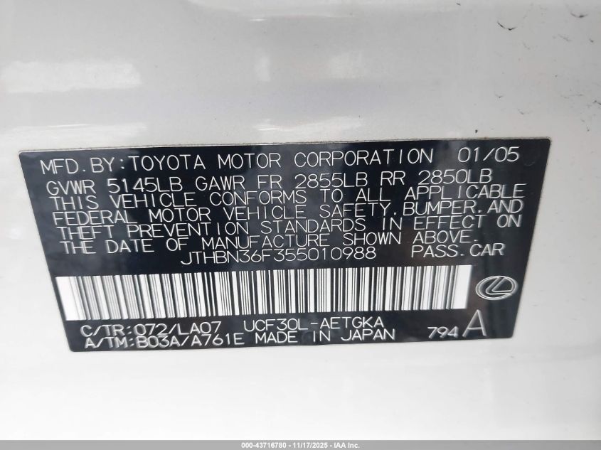 2005 Lexus Ls 430 VIN: JTHBN36F355010988 Lot: 43716780