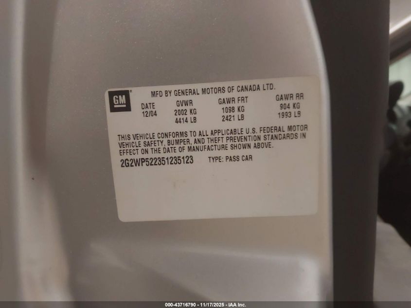 2005 Pontiac Grand Prix VIN: 2G2WP522351235123 Lot: 43716790
