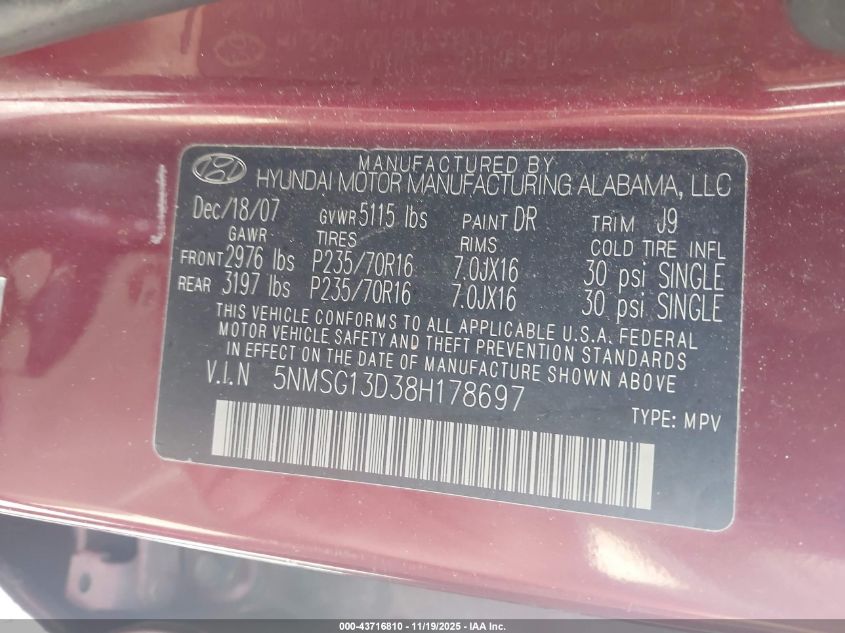 2008 Hyundai Santa Fe Gls VIN: 5NMSG13D38H178697 Lot: 43716810