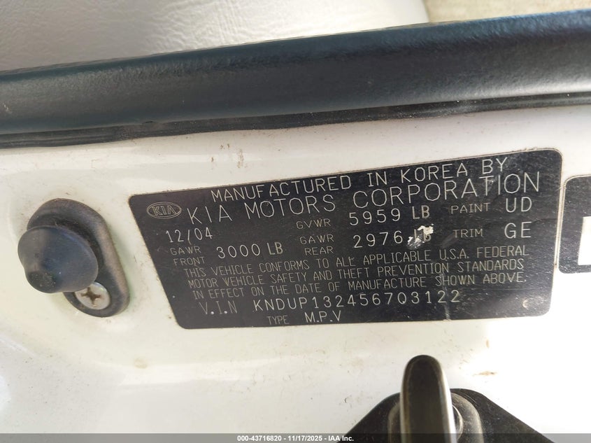 2005 Kia Sedona Ex/Lx VIN: KNDUP132456703122 Lot: 43716820