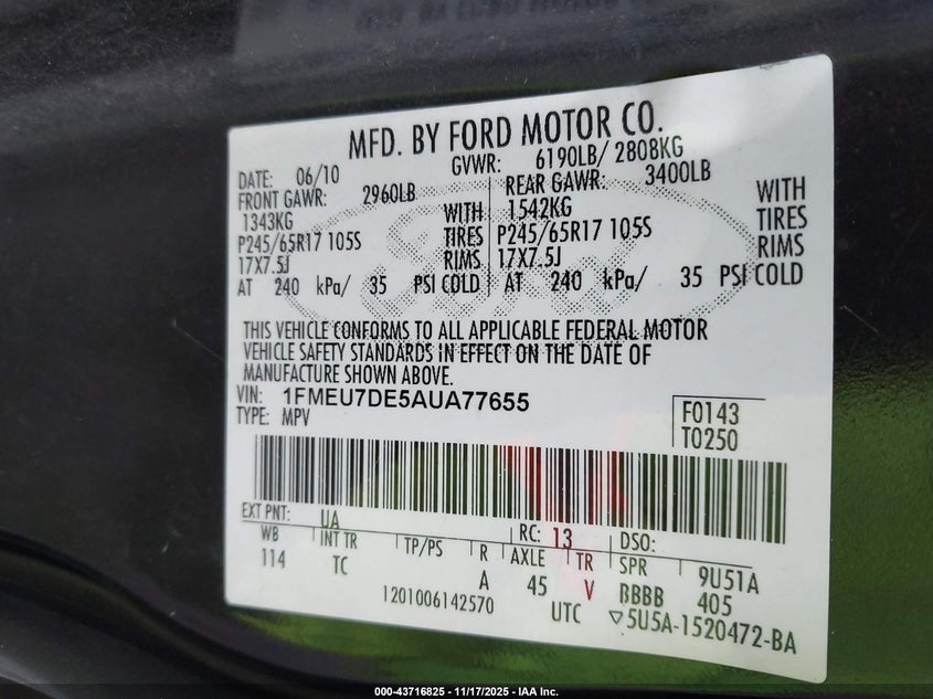 1FMEU7DE5AUA77655 2010 FORD EXPLORER photo no. 9