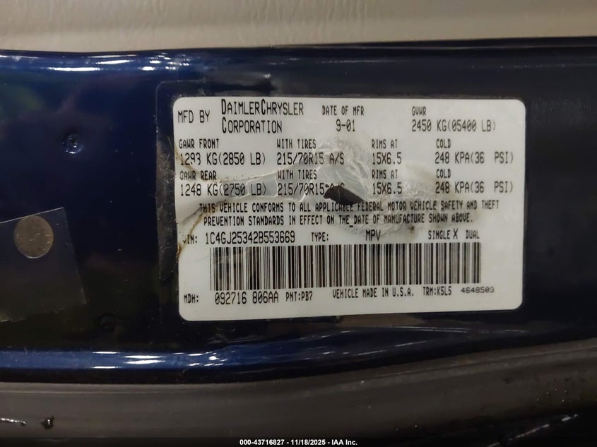 2002 Chrysler Voyager VIN: 1C4GJ25342B553669 Lot: 43716827