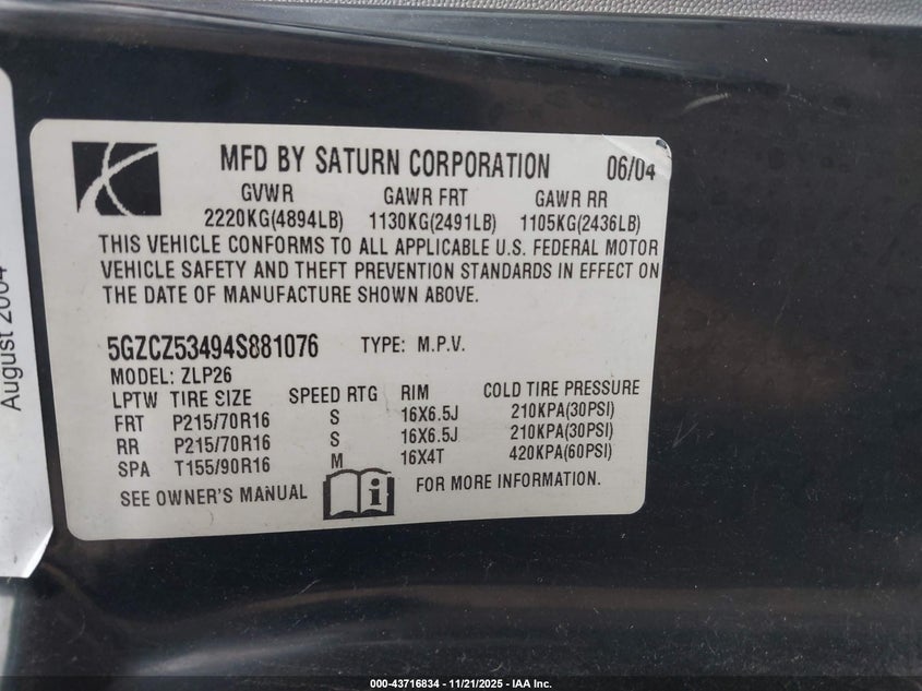 2004 Saturn Vue V6 VIN: 5GZCZ53494S881076 Lot: 43716834