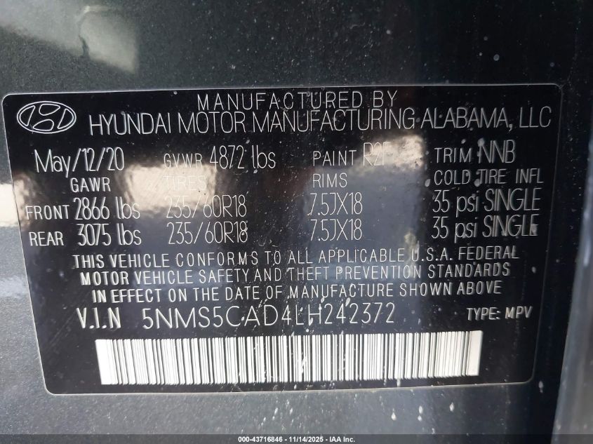 2020 Hyundai Santa Fe Limited VIN: 5NMS5CAD4LH242372 Lot: 43716846