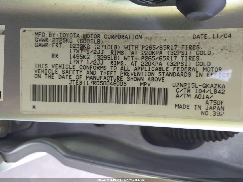2005 Toyota 4Runner Limited V8 VIN: JTEBT17R050046005 Lot: 43716849