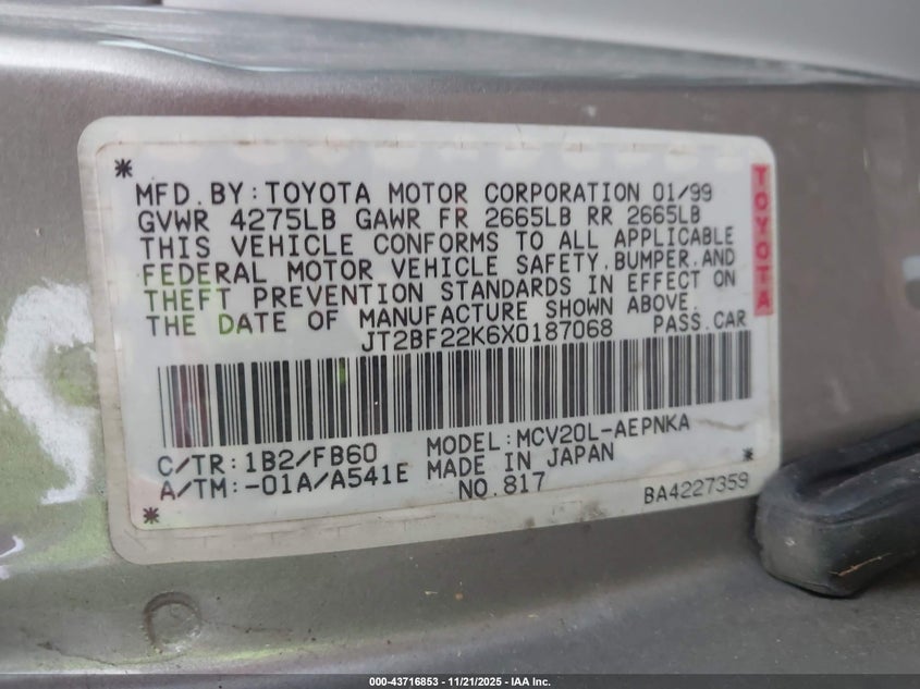 1999 Toyota Camry Le V6 VIN: JT2BF22K6X0187068 Lot: 43716853