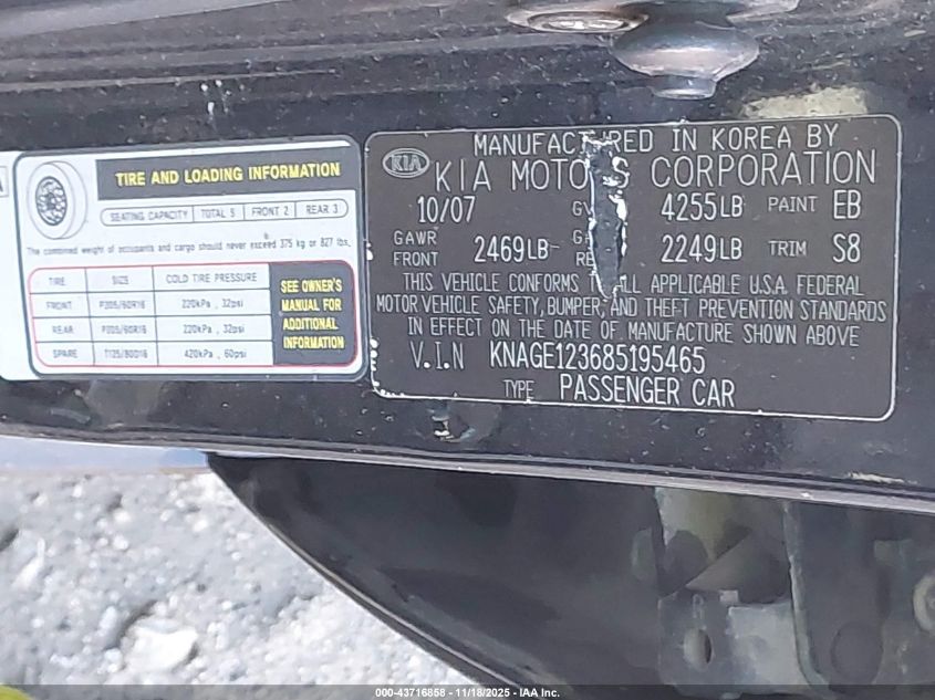 2008 Kia Optima Lx VIN: KNAGE123685195465 Lot: 43716858