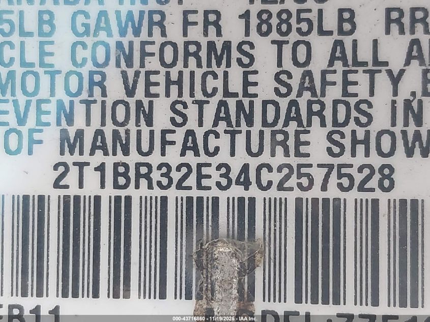 2004 Toyota Corolla Ce/Le/S VIN: 2T1BR32E340257528 Lot: 43716860