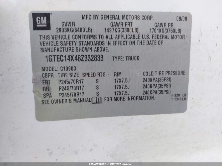 2008 GMC Sierra 1500 Work Truck VIN: 1GTEC14X48Z332833 Lot: 43716862