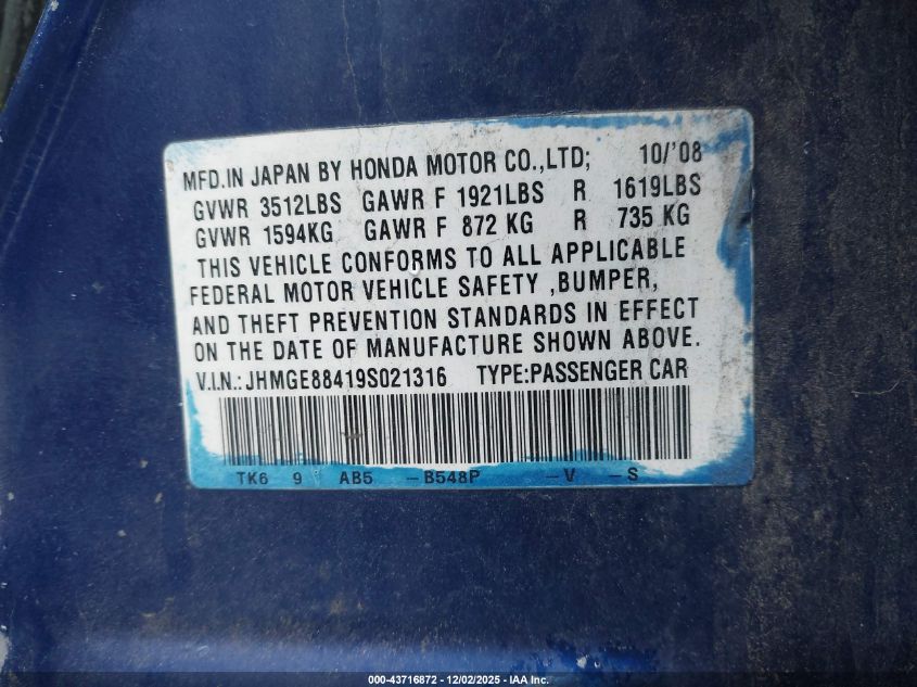 2009 Honda Fit Sport VIN: JHMGE88419S021316 Lot: 43716872