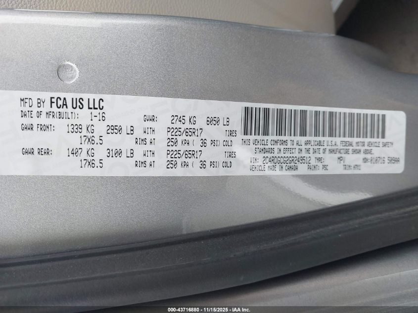 2016 Dodge Grand Caravan Sxt VIN: 2C4RDGCG2GR249512 Lot: 43716880