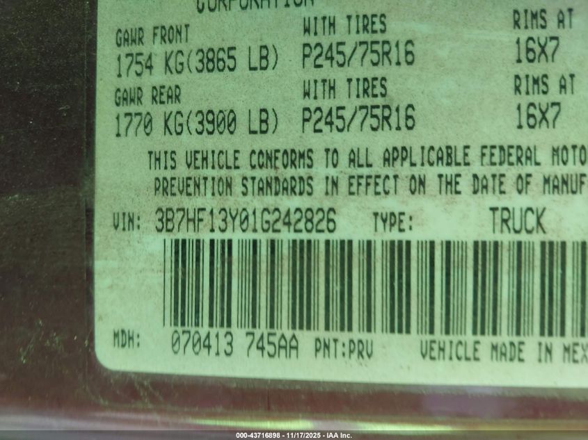 2001 Ram 1500 VIN: 3B78F13Y01G242826 Lot: 43716898
