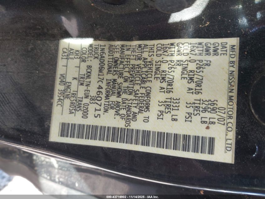 2007 Nissan Frontier Se VIN: 1N6AD06W17C460715 Lot: 43716902