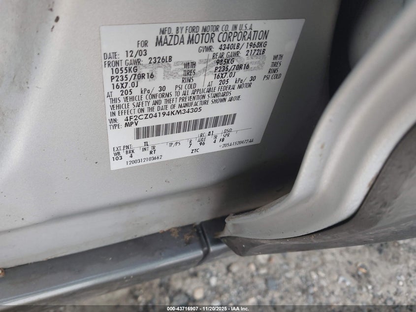 2004 Mazda Tribute Lx V6 VIN: 4F2CZ04194KM34305 Lot: 43716907