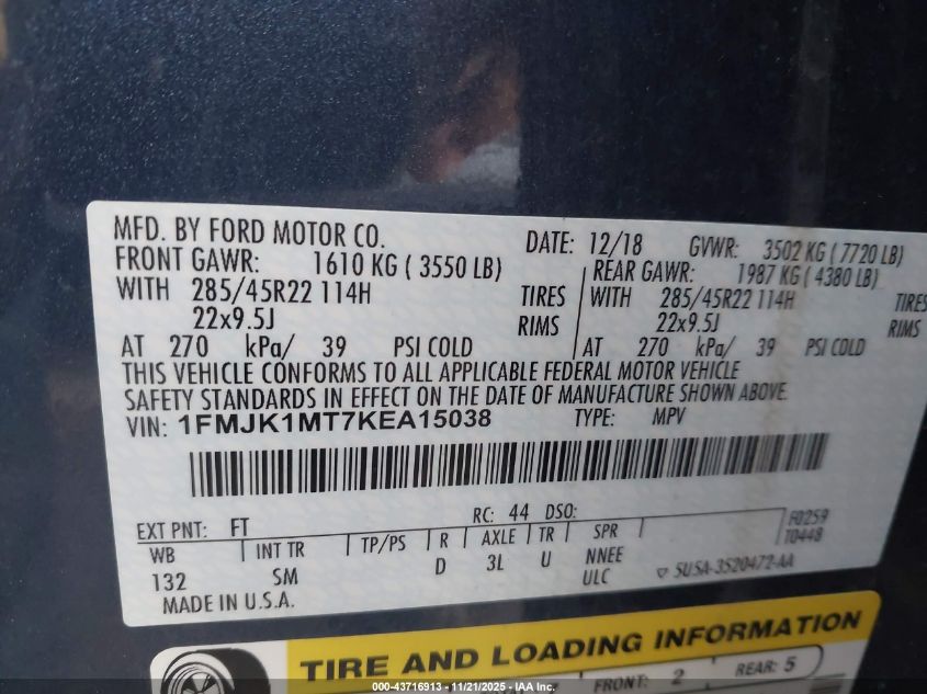 2019 Ford Expedition Max Platinum VIN: 1FMJK1MT7KEA15038 Lot: 43716913