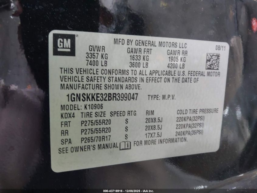 2011 Chevrolet Suburban 1500 Ltz VIN: 1GNSKKE32BR399047 Lot: 43716916