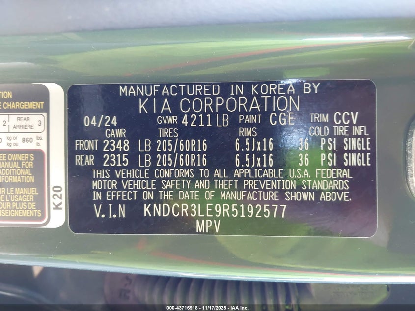 2024 Kia Niro Ex VIN: KNDCR3LE9R5192577 Lot: 43716918