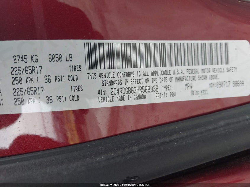 2017 Dodge Grand Caravan Se Plus VIN: 2C4RDGBG3HR568338 Lot: 43716929