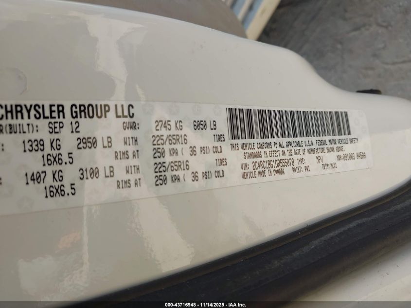 2013 Chrysler Town & Country Touring VIN: 2C4RC1BG1DR555078 Lot: 43716948