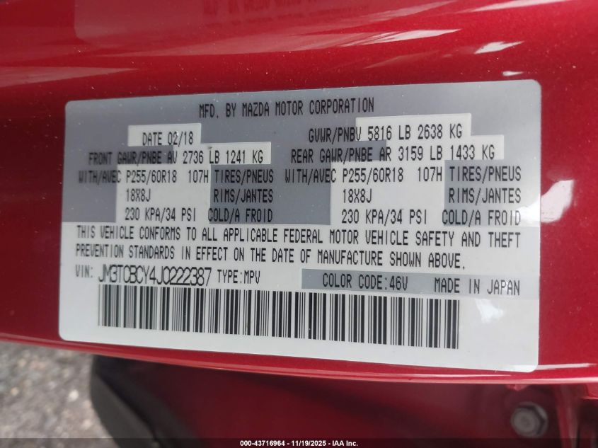 2018 Mazda Cx-9 Touring VIN: JM3TCBCY4J0222387 Lot: 43716964