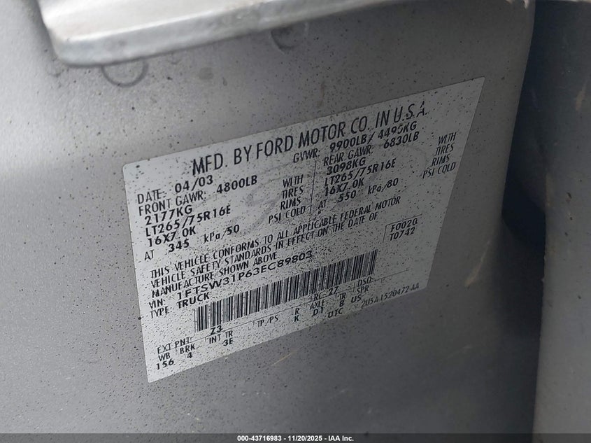 2003 Ford F-350 Lariat/Xl/Xlt VIN: 1FTSW31P63EC89803 Lot: 43716983