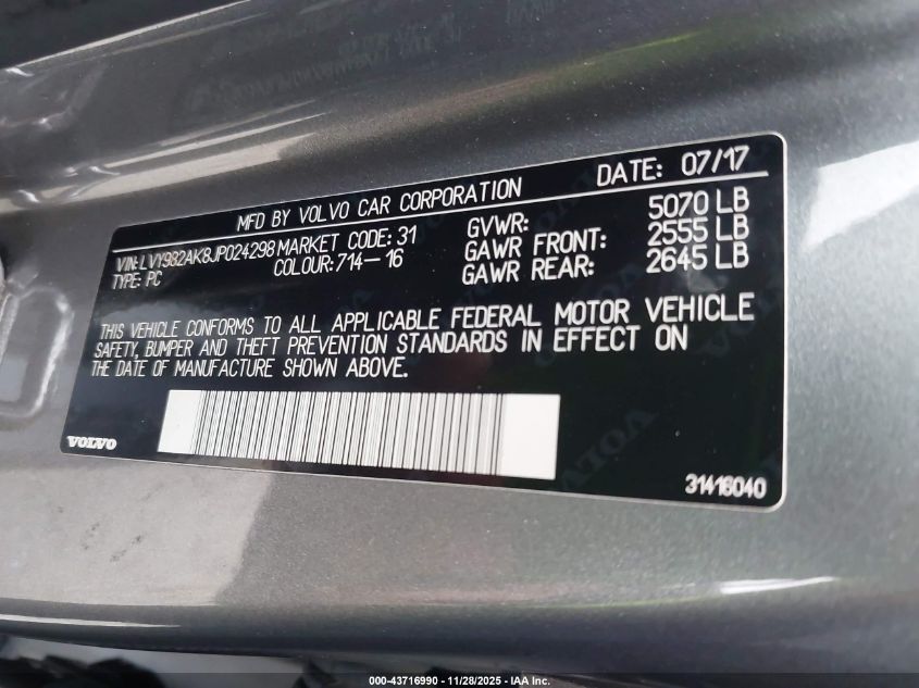 2018 Volvo S90 T5 Momentum VIN: LVY982AK8JP024298 Lot: 43716990