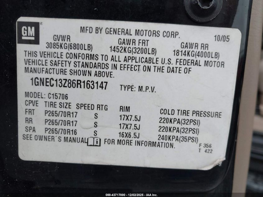 2006 Chevrolet Tahoe Lt VIN: 1GNEC13Z86R163147 Lot: 43717000