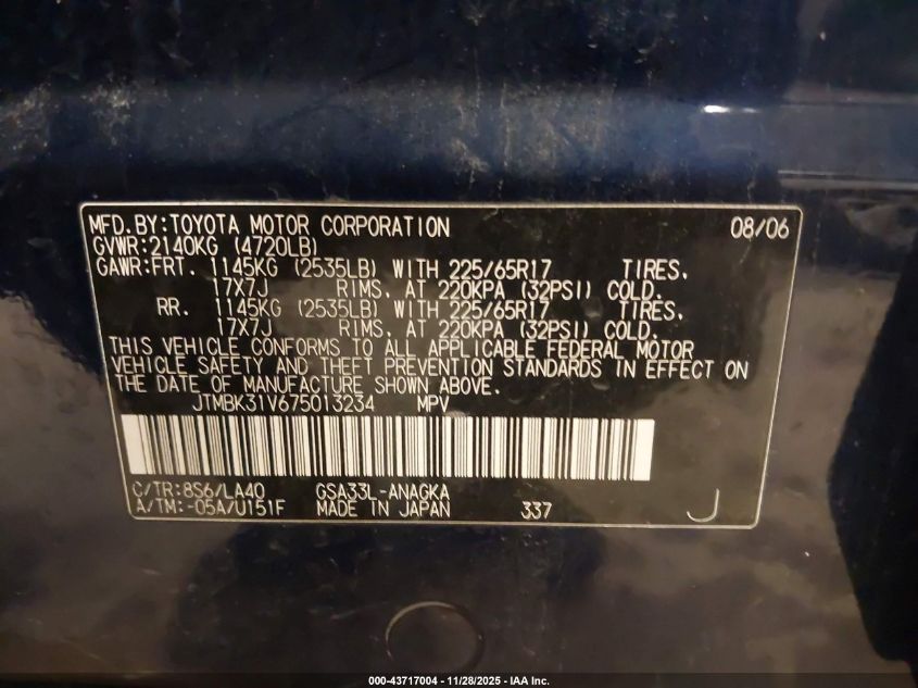 2007 Toyota Rav4 Limited V6 VIN: JTMBK31V675013234 Lot: 43717004