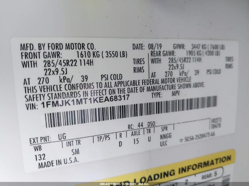 2019 Ford Expedition Max Platinum VIN: 1FMJK1MT1KEA68317 Lot: 43717005